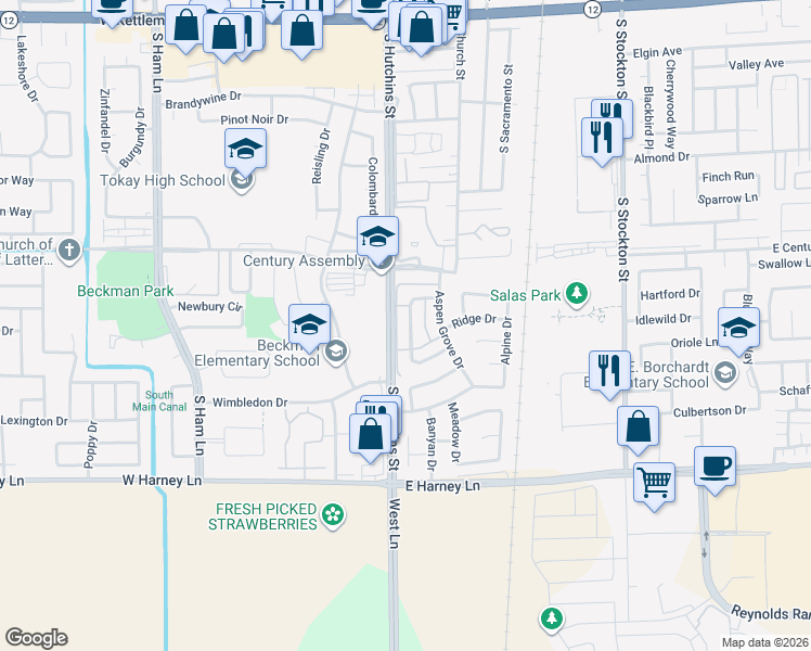 map of restaurants, bars, coffee shops, grocery stores, and more near 2158 Gateway Circle in Lodi