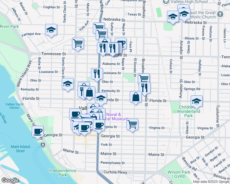 map of restaurants, bars, coffee shops, grocery stores, and more near 809 Kentucky Street in Vallejo