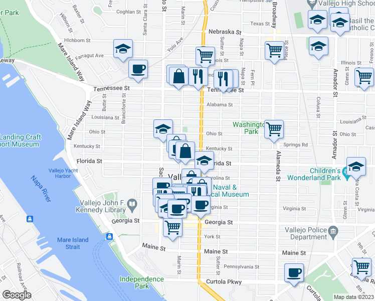 map of restaurants, bars, coffee shops, grocery stores, and more near 611 Kentucky Street in Vallejo
