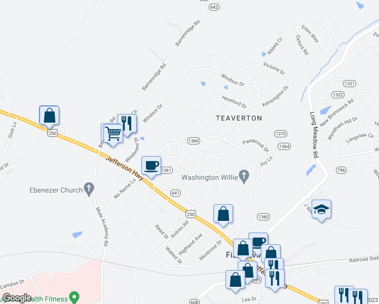 map of restaurants, bars, coffee shops, grocery stores, and more near 3 West Stonington Place in Fishersville