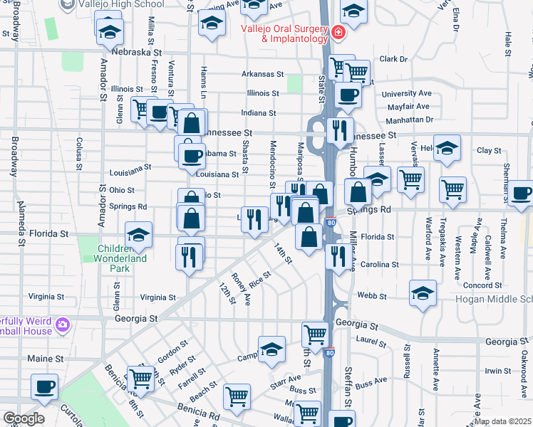 map of restaurants, bars, coffee shops, grocery stores, and more near 131 Mendocino Street in Vallejo