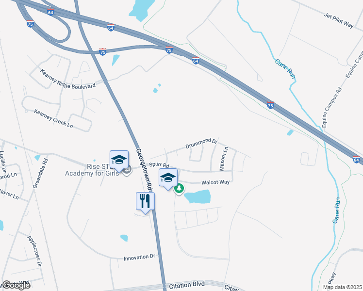 map of restaurants, bars, coffee shops, grocery stores, and more near 2113 Drummond Drive in Lexington