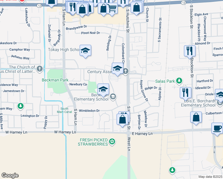 map of restaurants, bars, coffee shops, grocery stores, and more near 2121 Scarborough Drive in Lodi