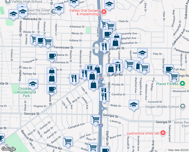 map of restaurants, bars, coffee shops, grocery stores, and more near 4 Mariposa Street in Vallejo