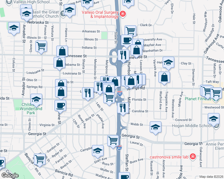 map of restaurants, bars, coffee shops, grocery stores, and more near 4 Mariposa St in Vallejo