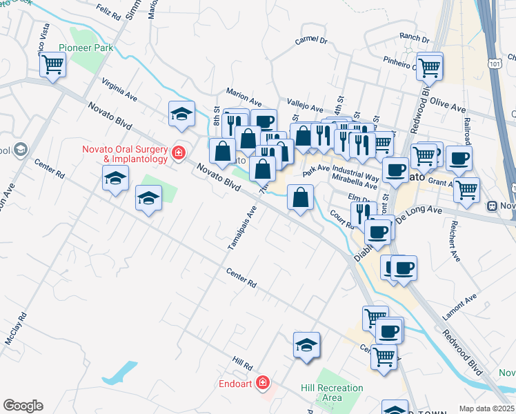 map of restaurants, bars, coffee shops, grocery stores, and more near 2 Twin Creeks Court in Novato
