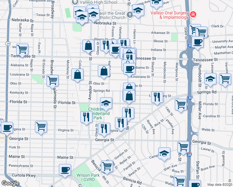 map of restaurants, bars, coffee shops, grocery stores, and more near Springs Road in Vallejo