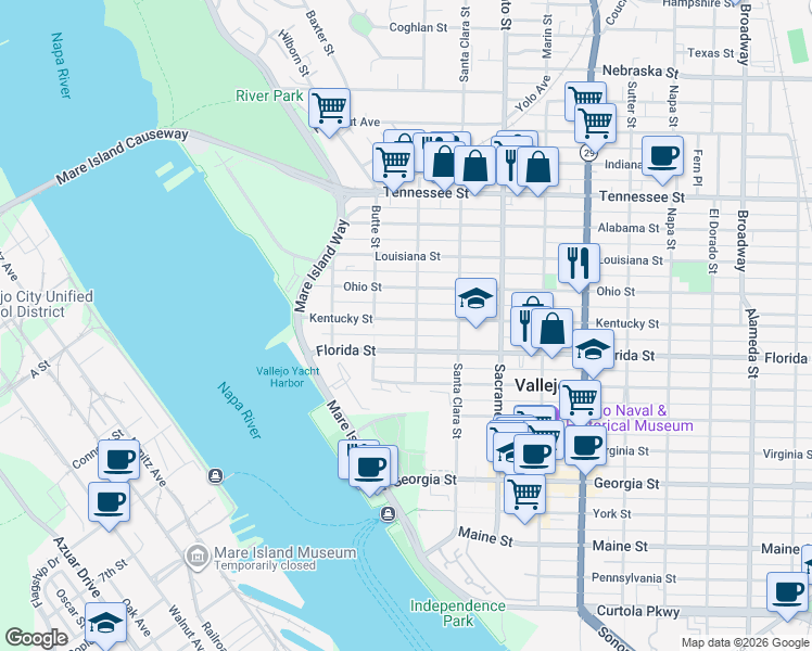 map of restaurants, bars, coffee shops, grocery stores, and more near 241 Kentucky Street in Vallejo