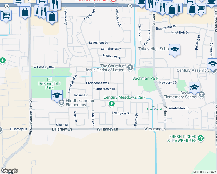 map of restaurants, bars, coffee shops, grocery stores, and more near 1885 Jamestown Drive in Lodi