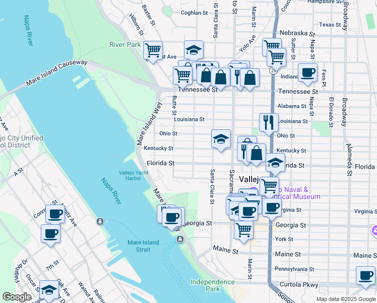 map of restaurants, bars, coffee shops, grocery stores, and more near 241 Kentucky Street in Vallejo