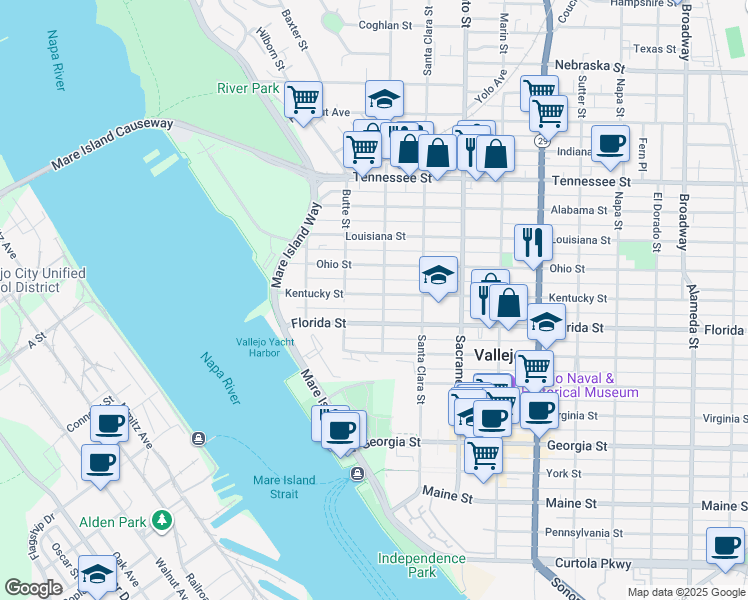 map of restaurants, bars, coffee shops, grocery stores, and more near 241 Kentucky Street in Vallejo