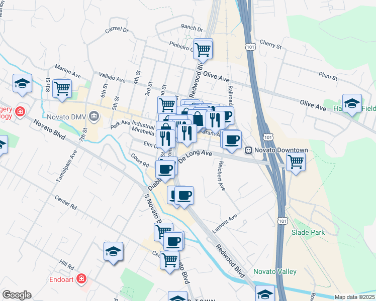 map of restaurants, bars, coffee shops, grocery stores, and more near in Novato