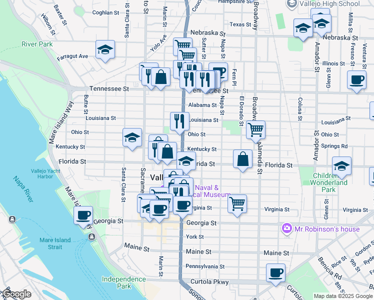 map of restaurants, bars, coffee shops, grocery stores, and more near 2116 Sonoma Boulevard in Vallejo