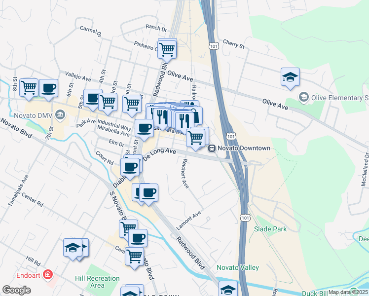 map of restaurants, bars, coffee shops, grocery stores, and more near 901 Reichert Avenue in Novato