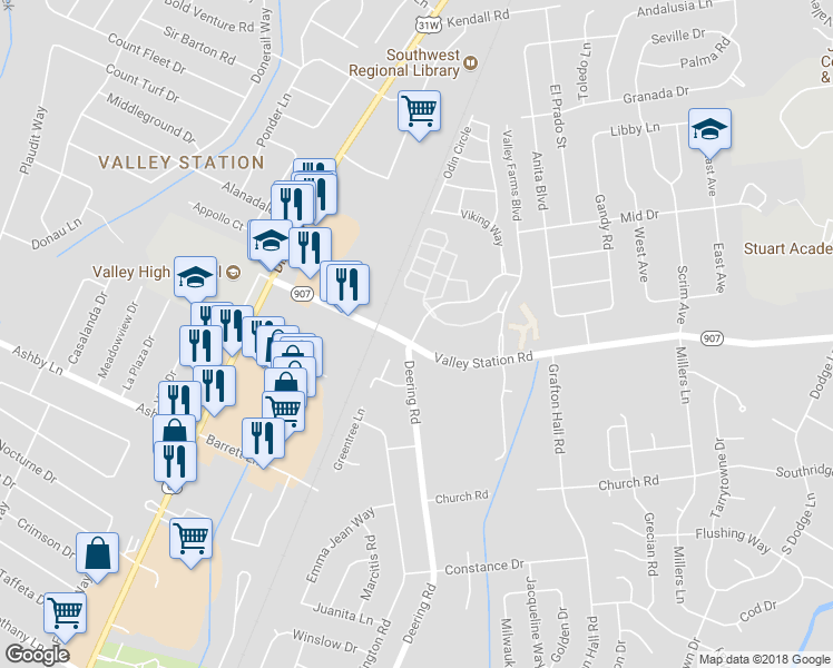 map of restaurants, bars, coffee shops, grocery stores, and more near 10355 Renaissance Valley Way in Louisville