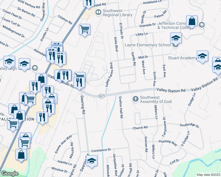 map of restaurants, bars, coffee shops, grocery stores, and more near 10201 Valley Farms Boulevard in Louisville
