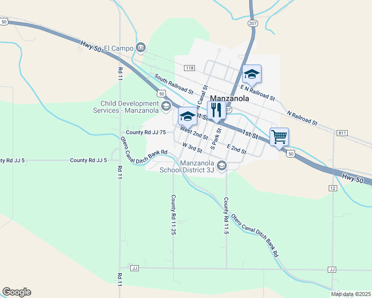 map of restaurants, bars, coffee shops, grocery stores, and more near 100-146 West 3rd Street in Manzanola