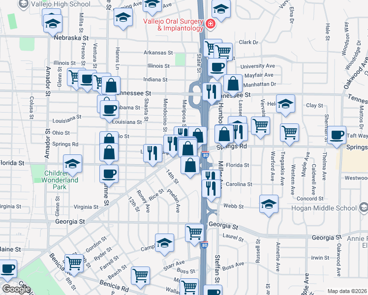 map of restaurants, bars, coffee shops, grocery stores, and more near 1 Mariposa Street in Vallejo
