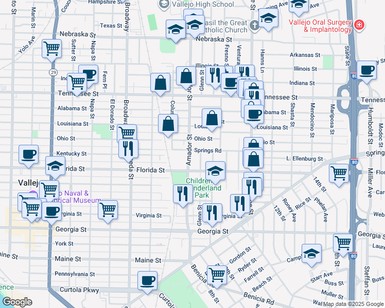 map of restaurants, bars, coffee shops, grocery stores, and more near 327 Springs Road in Vallejo