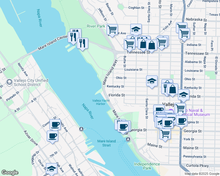 map of restaurants, bars, coffee shops, grocery stores, and more near 47 Kentucky Street in Vallejo