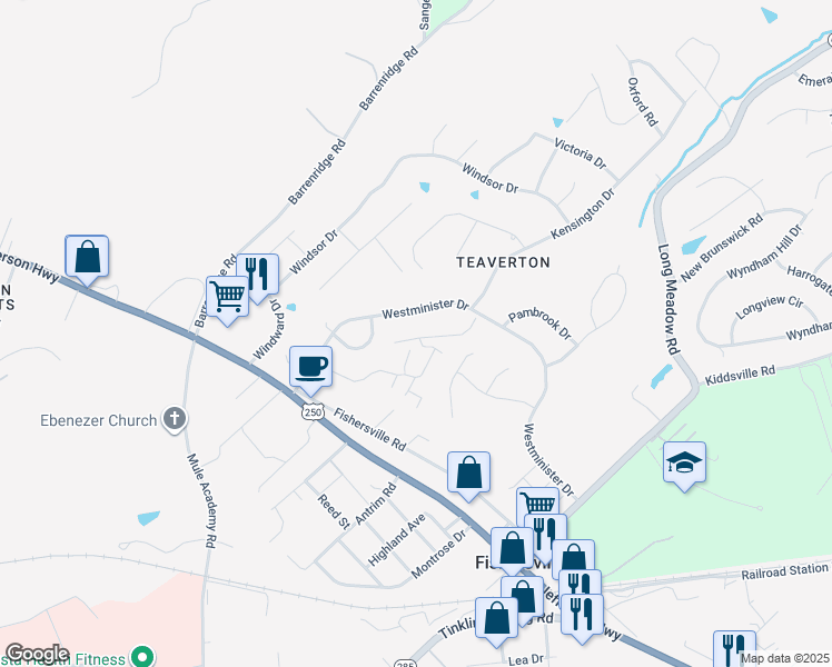 map of restaurants, bars, coffee shops, grocery stores, and more near 3 West Stonington Place in Fishersville