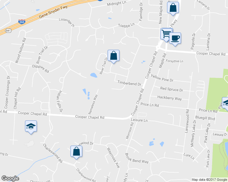 map of restaurants, bars, coffee shops, grocery stores, and more near 10623 Irvin Pines Drive in Louisville