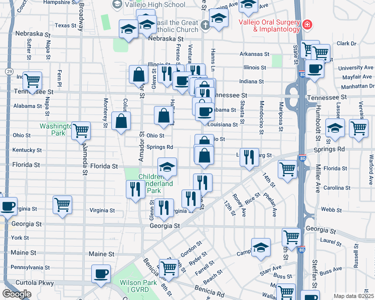 map of restaurants, bars, coffee shops, grocery stores, and more near 449 Springs Road in Vallejo