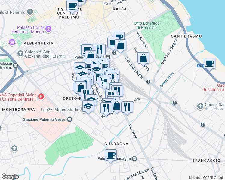 map of restaurants, bars, coffee shops, grocery stores, and more near 174 Via Oreto in Palermo