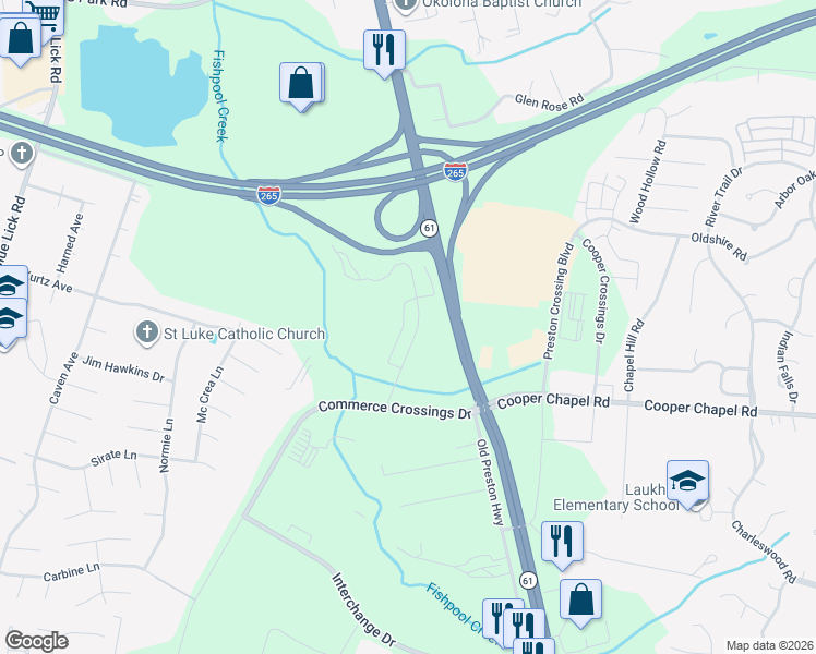 map of restaurants, bars, coffee shops, grocery stores, and more near 9901 Cooper Church Drive in Louisville