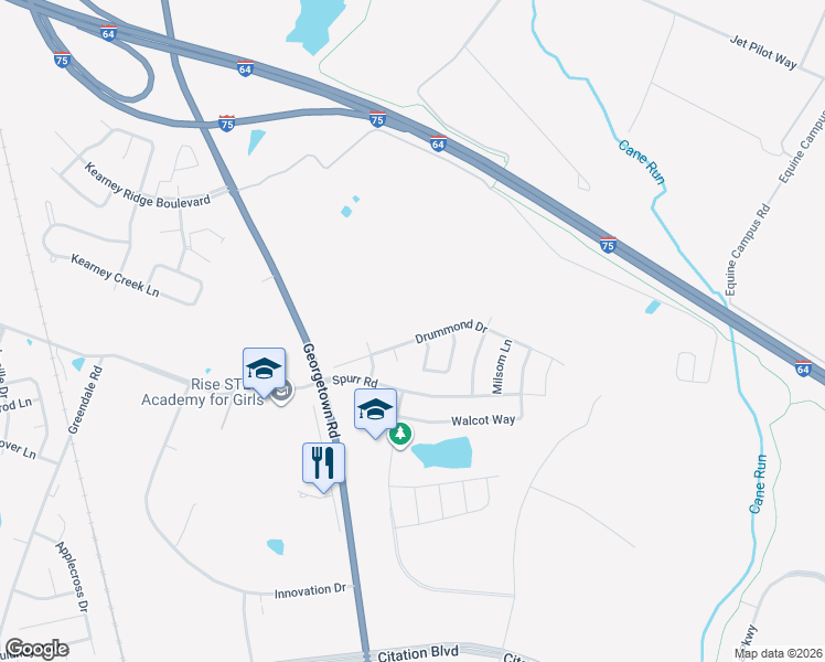 map of restaurants, bars, coffee shops, grocery stores, and more near 2113 Drummond Drive in Lexington