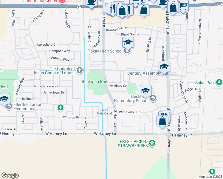 map of restaurants, bars, coffee shops, grocery stores, and more near 2257 Newbury Circle in Lodi