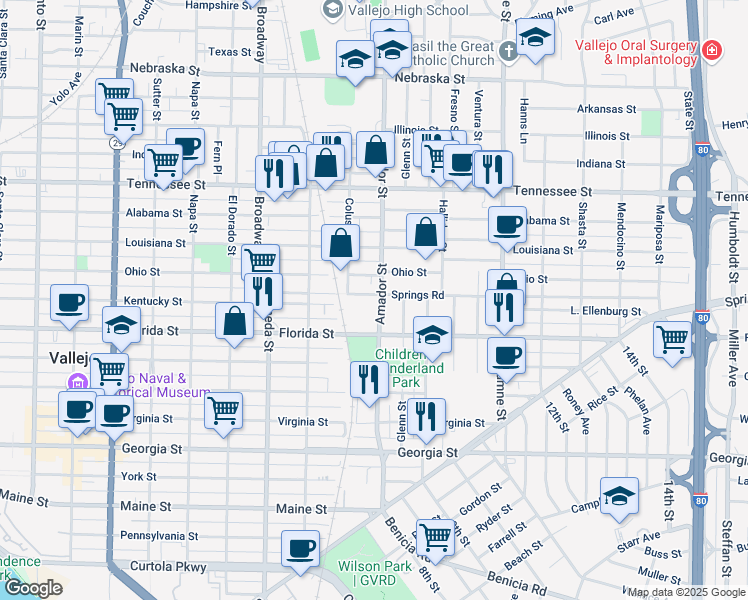 map of restaurants, bars, coffee shops, grocery stores, and more near 223 Springs Road in Vallejo