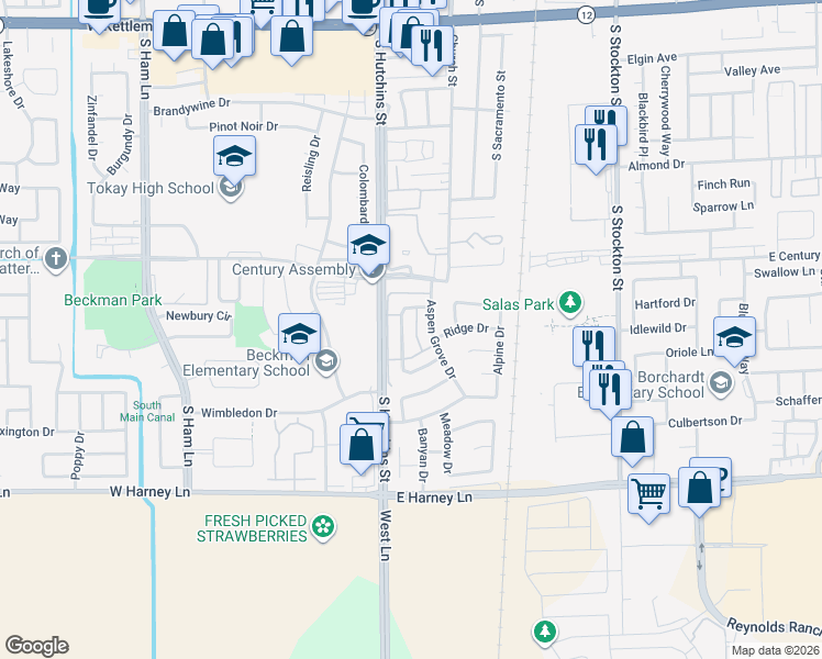 map of restaurants, bars, coffee shops, grocery stores, and more near 2158 Gateway Circle in Lodi