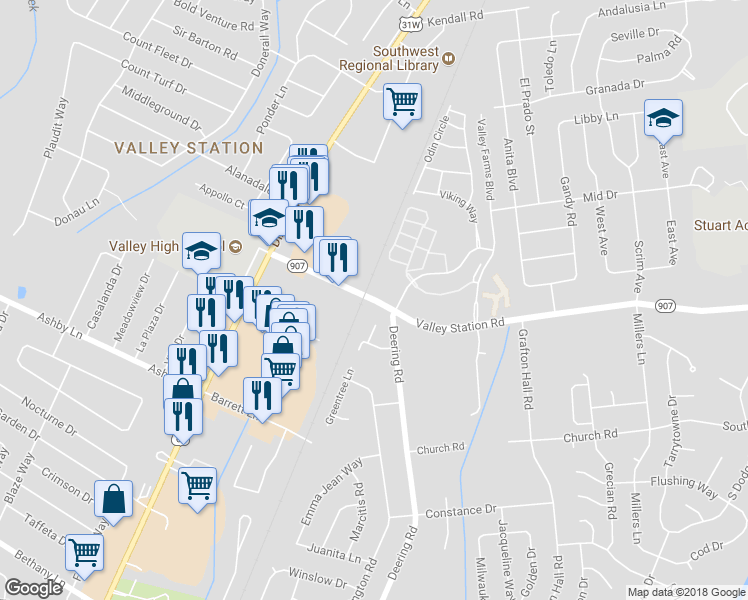 map of restaurants, bars, coffee shops, grocery stores, and more near 5275 Valley Station Road in Louisville