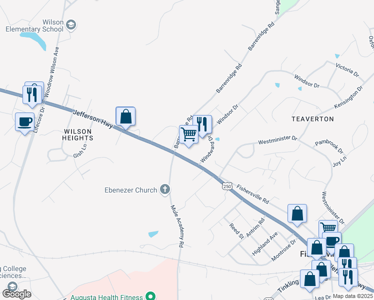 map of restaurants, bars, coffee shops, grocery stores, and more near 30 Windward Drive in Fishersville
