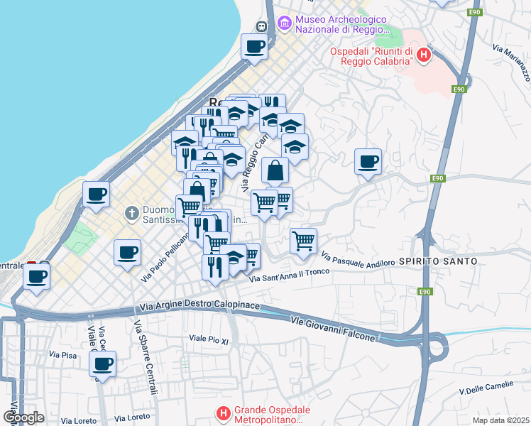 map of restaurants, bars, coffee shops, grocery stores, and more near Via Trieste in Reggio Calabria
