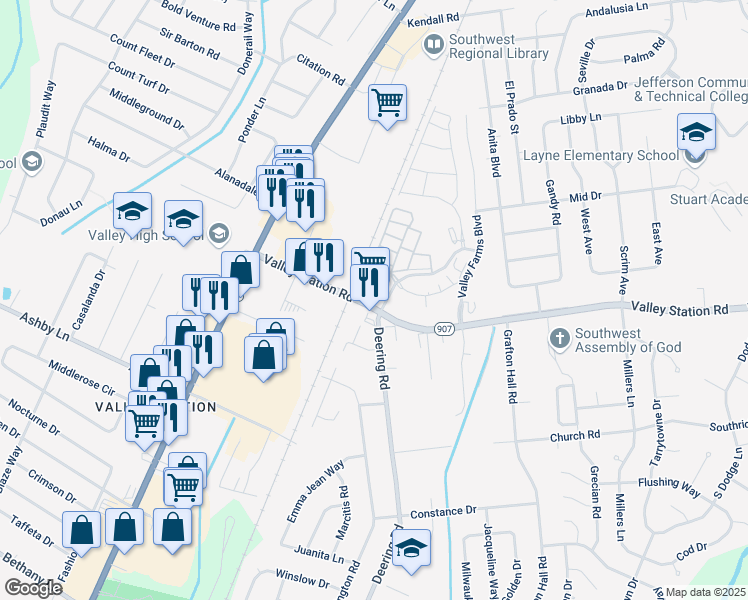 map of restaurants, bars, coffee shops, grocery stores, and more near 10310 Renaissance Valley Way in Louisville