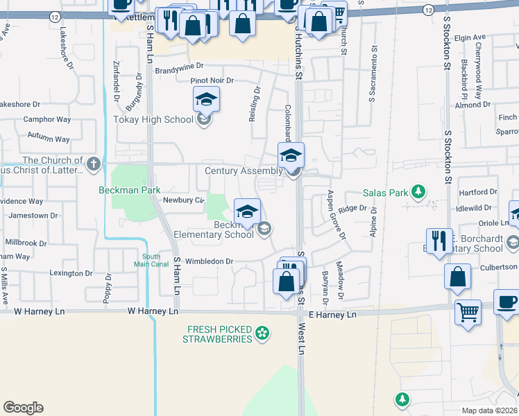 map of restaurants, bars, coffee shops, grocery stores, and more near 2121 Scarborough Drive in Lodi