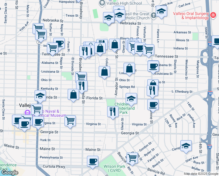 map of restaurants, bars, coffee shops, grocery stores, and more near 223 Springs Road in Vallejo