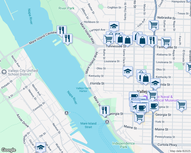 map of restaurants, bars, coffee shops, grocery stores, and more near 47 Kentucky Street in Vallejo