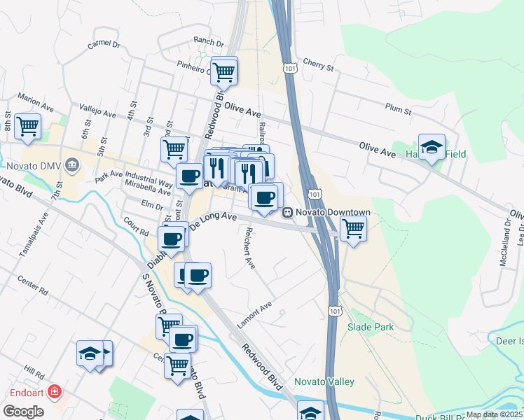 map of restaurants, bars, coffee shops, grocery stores, and more near 901 Reichert Avenue in Novato
