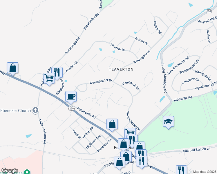 map of restaurants, bars, coffee shops, grocery stores, and more near 18 East Stonington Place in Fishersville