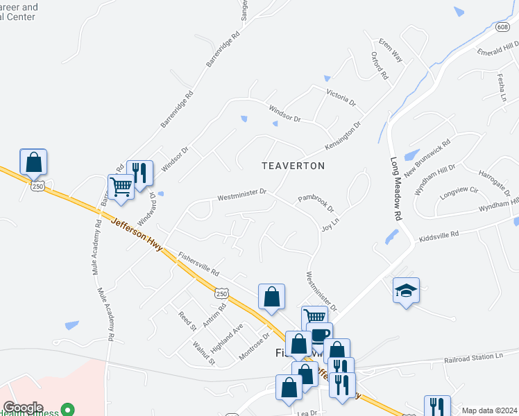 map of restaurants, bars, coffee shops, grocery stores, and more near 18 East Stonington Place in Fishersville