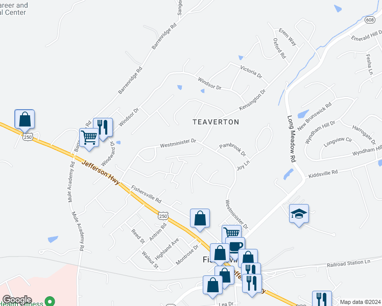 map of restaurants, bars, coffee shops, grocery stores, and more near 3 West Stonington Place in Fishersville