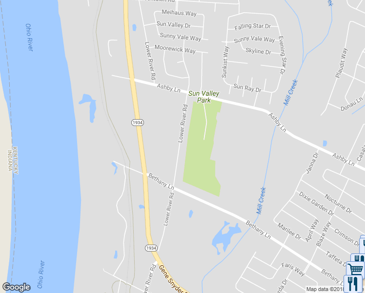 map of restaurants, bars, coffee shops, grocery stores, and more near 10401 Lower River Road in Louisville