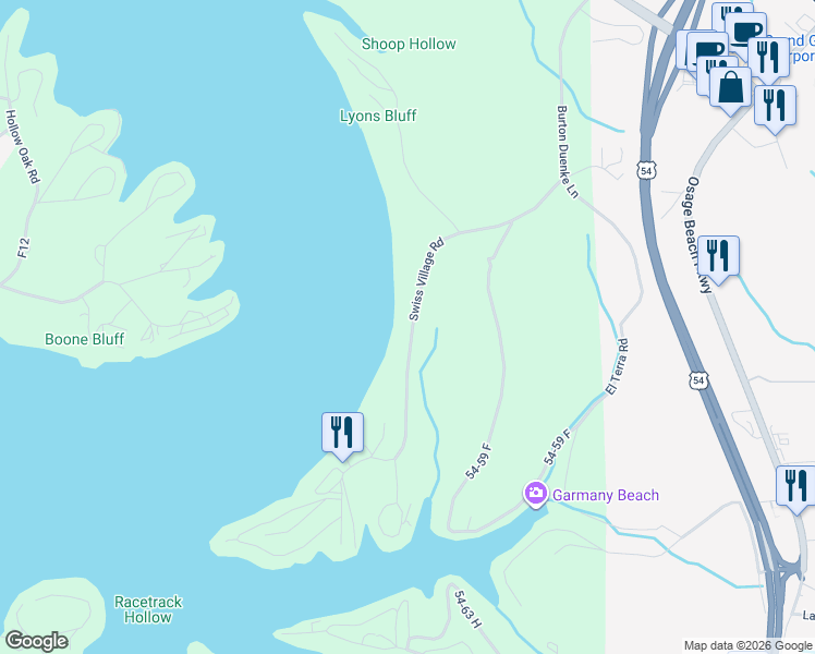 map of restaurants, bars, coffee shops, grocery stores, and more near 1330 Swiss Village Road in Osage Beach