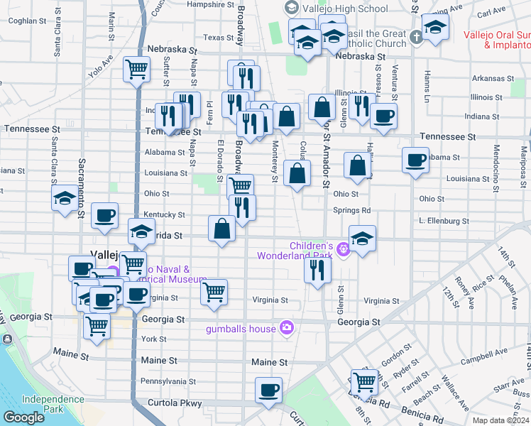 map of restaurants, bars, coffee shops, grocery stores, and more near 1136 Kentucky Street in Vallejo