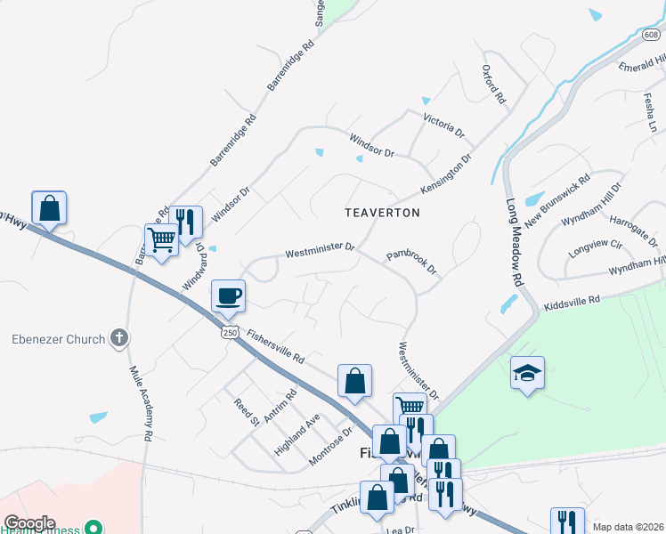 map of restaurants, bars, coffee shops, grocery stores, and more near 18 East Stonington Place in Fishersville