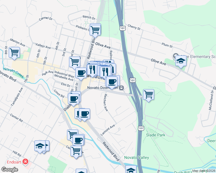 map of restaurants, bars, coffee shops, grocery stores, and more near 900 Reichert Avenue in Novato