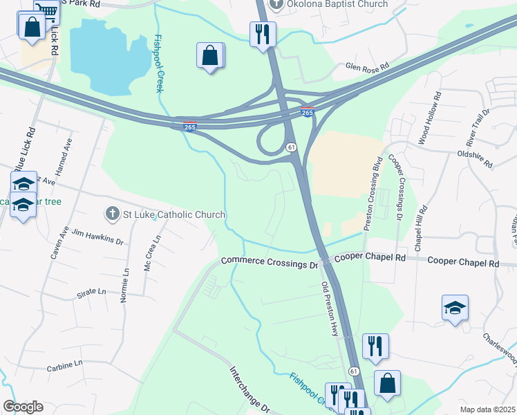 map of restaurants, bars, coffee shops, grocery stores, and more near 9707 Cooper Church Drive in Louisville